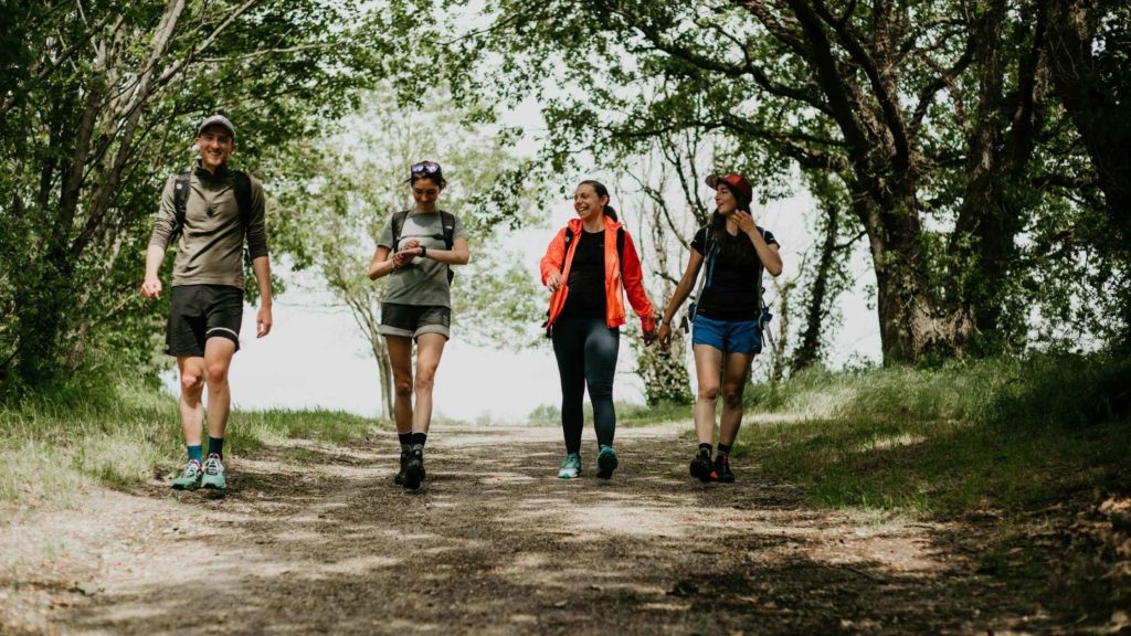 Quatre personnes marchent sur un chemin de terre ombragé, équipées de tenues de randonnée estivale et de sacs à dos, entourées d’arbres et de verdure.